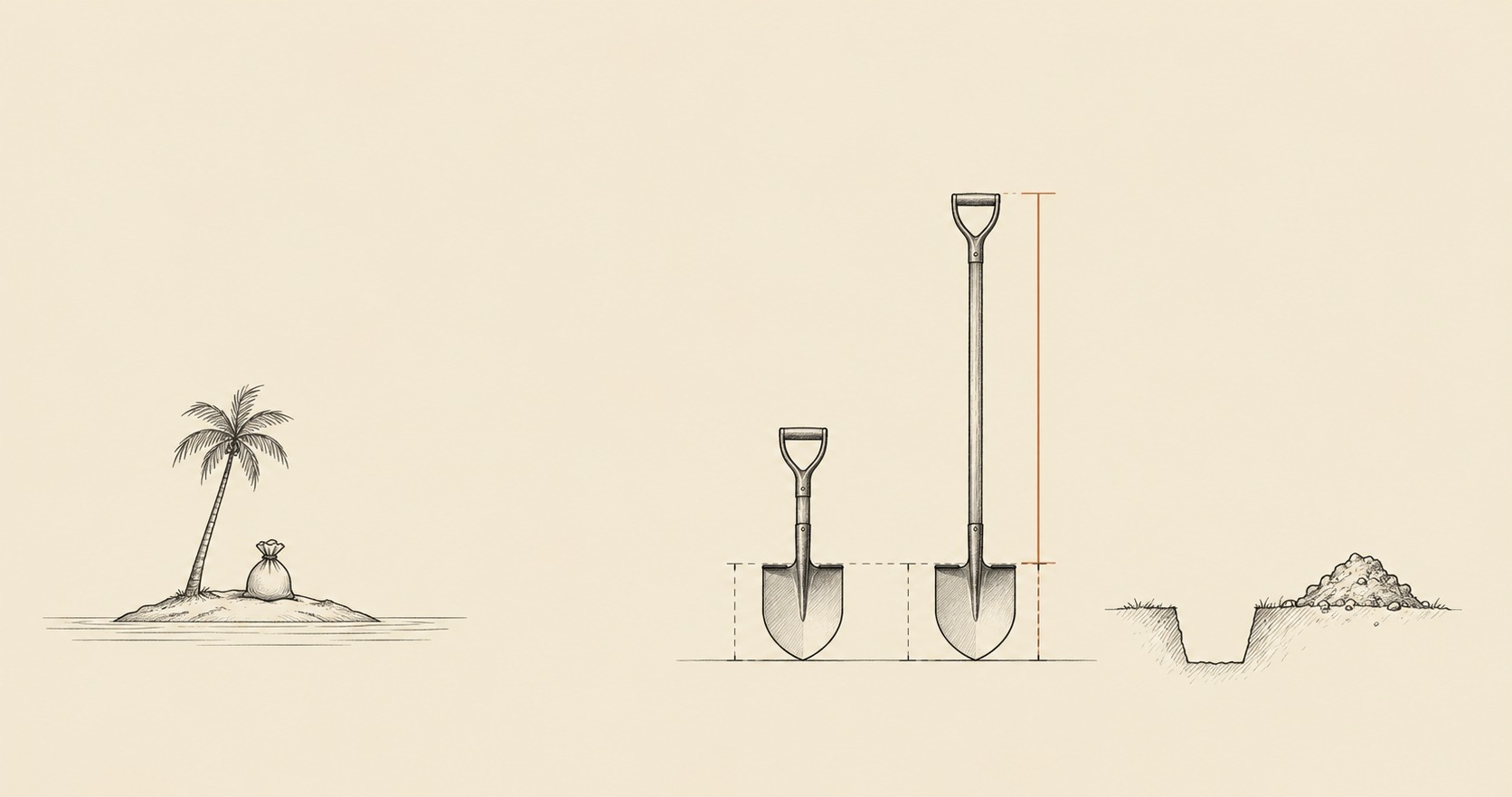 Line drawing of a money sack untouched on a small island beside two identical shovels, one with a short handle and one with a long handle next to a finished hole