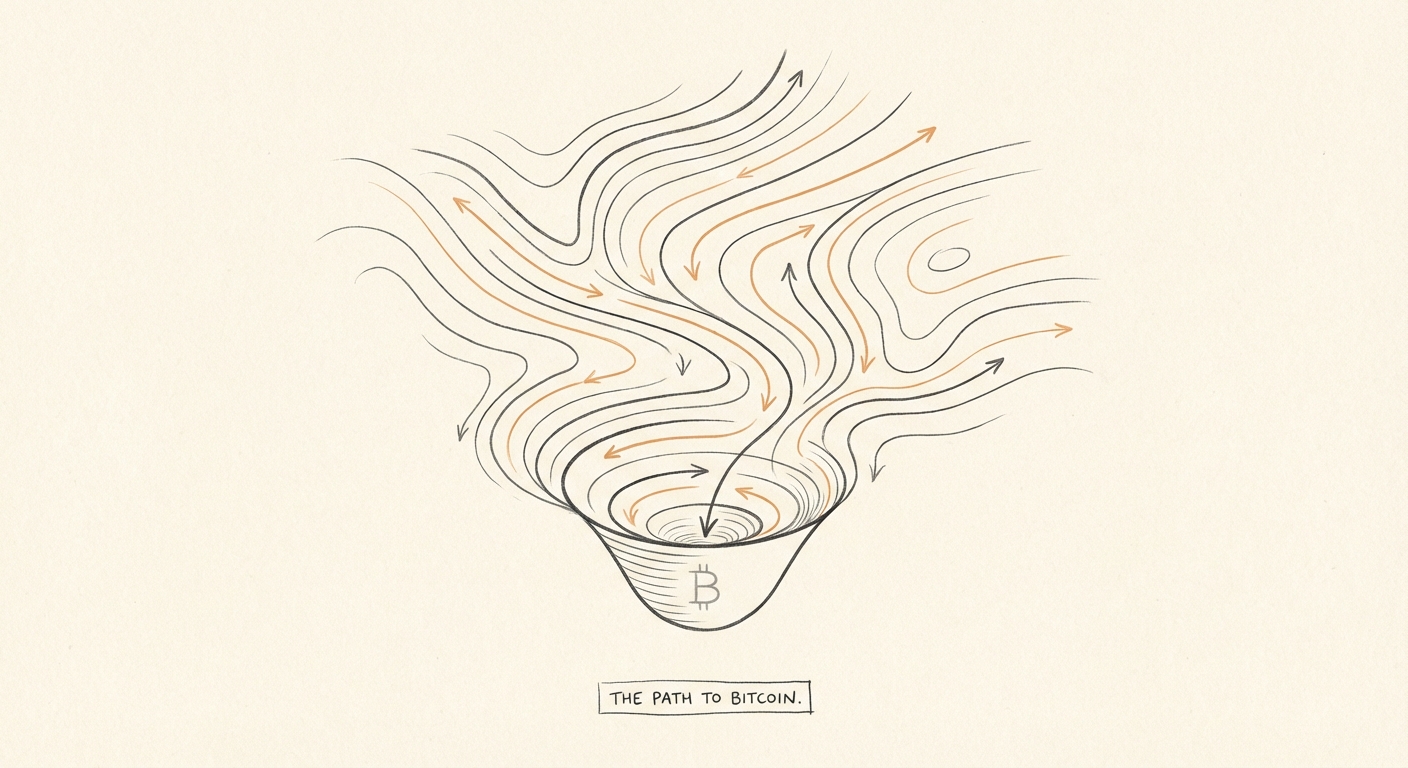 Gradient manifold of capital flows converging into a Bitcoin basin