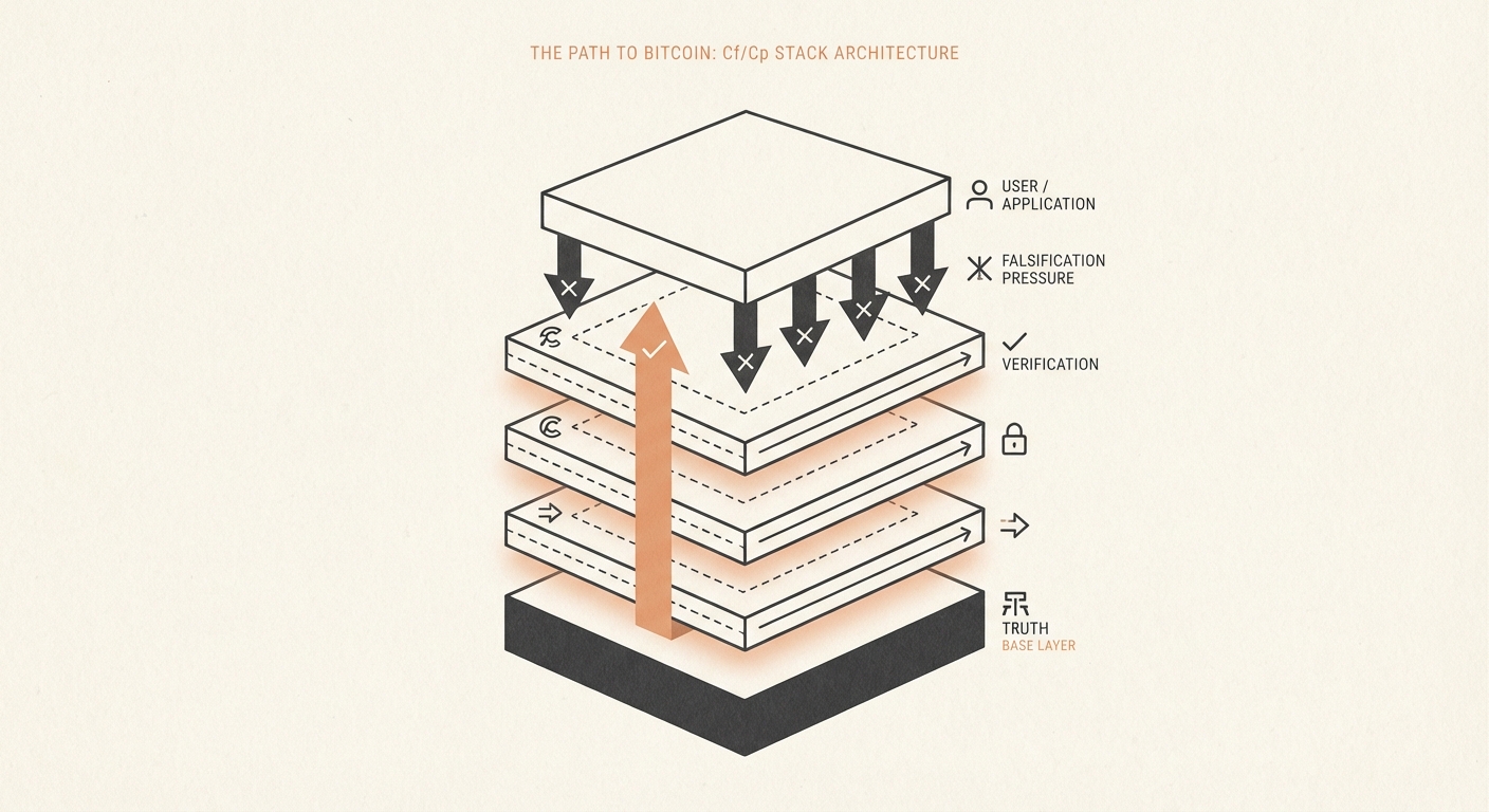 Layered Cf/Cp stack showing verification versus falsification pressure