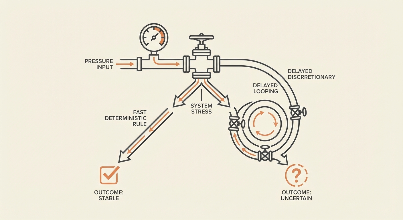 Stress test divergence between rule-consistent and delayed discretionary execution