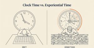 Clock time versus experiential time: drift on the left, dense commitment on the right.