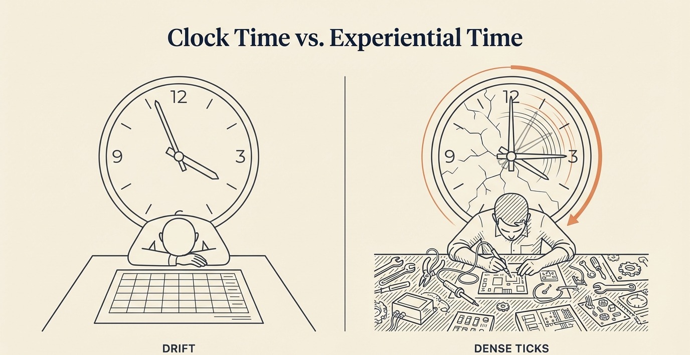 Clock time versus experiential time: drift on the left, dense commitment on the right.