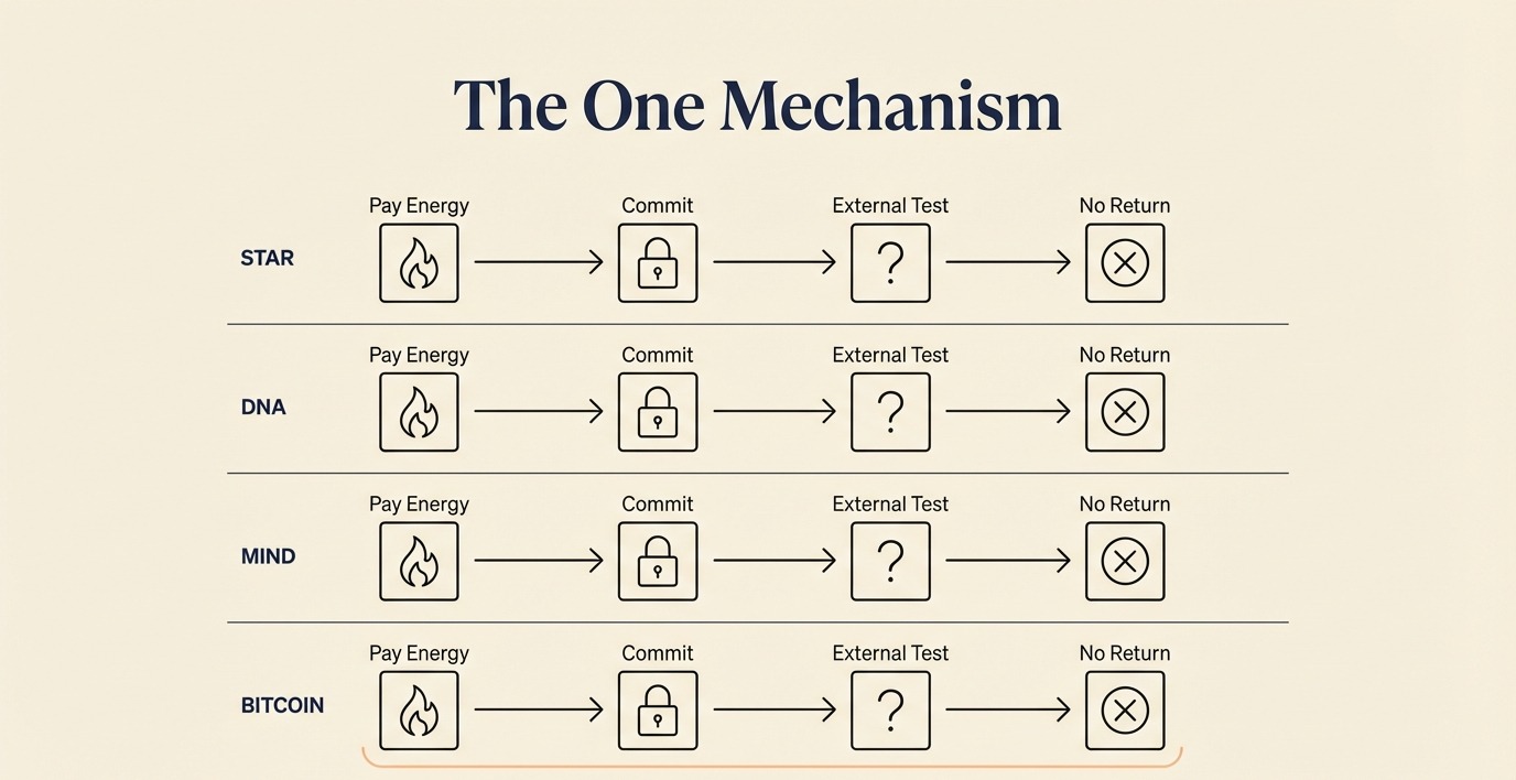 The one mechanism running in four materials: pay energy, commit, external test, no return, in stars, DNA, minds, and Bitcoin.