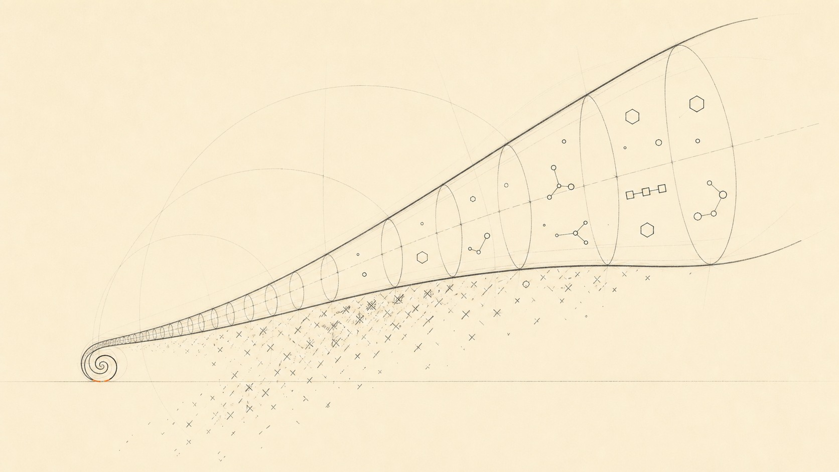 Minimal line drawing of a horn spiral widening outward forever, cross-hatched exhaust trailing behind its throat