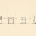 Minimal line drawing of a single wave pattern keeping its shape as it passes from a human head through a microphone, a recorder, a server, and a listener's ear
