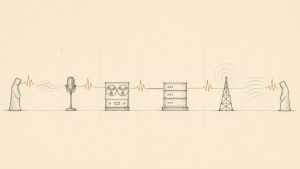 Minimal line drawing of a single wave pattern keeping its shape as it passes from a human head through a microphone, a recorder, a server, and a listener's ear