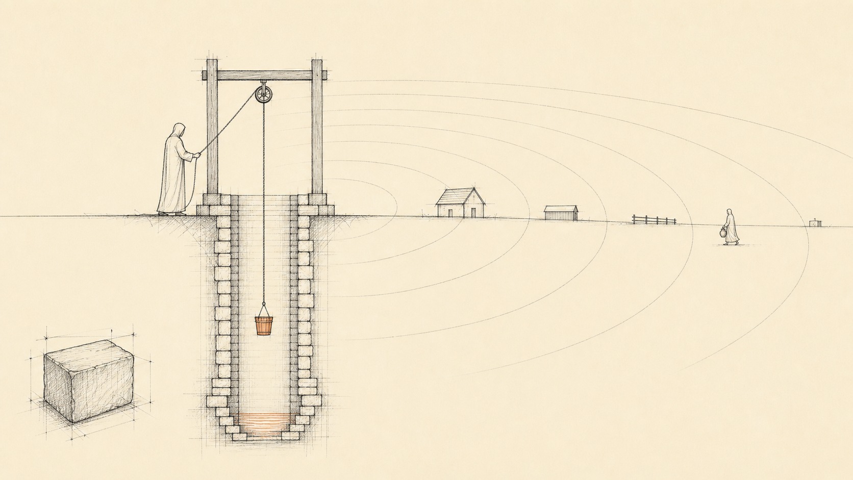 Minimal line drawing of a stone-lined well in a small desert town, a figure lowering a bucket, open space radiating from the wellhead