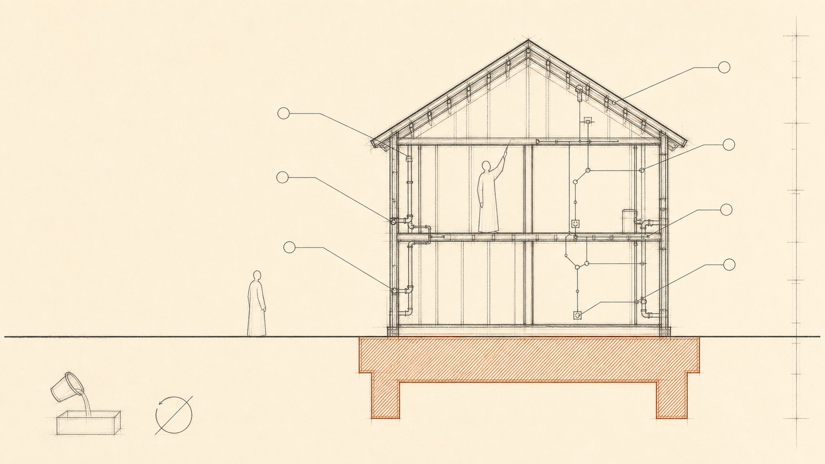 Minimal line drawing of a house in section with its wiring, plumbing and roof annotated for inspection above a sealed unannotated foundation