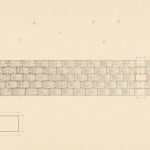Minimal line drawing of a long masonry wall of densely inscribed ledger blocks with one single cell left deliberately empty and measured