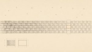 Minimal line drawing of a long masonry wall of densely inscribed ledger blocks with one single cell left deliberately empty and measured