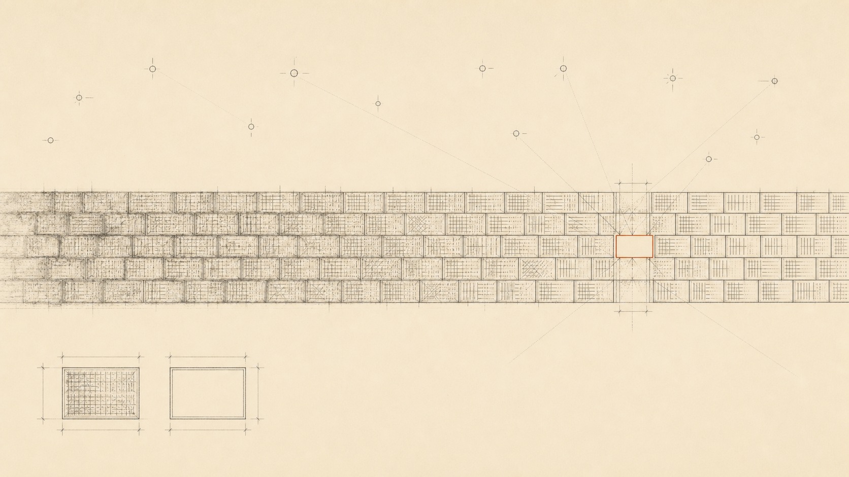 Minimal line drawing of a long masonry wall of densely inscribed ledger blocks with one single cell left deliberately empty and measured