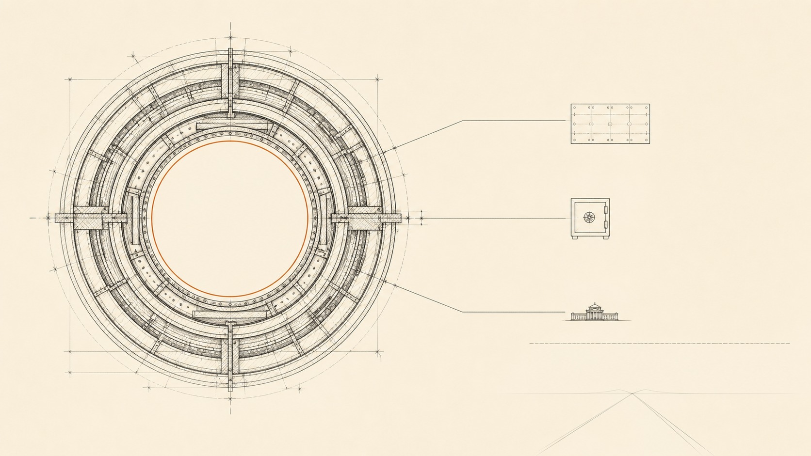 Minimal line drawing of a layered engineering containment in section, its many armoured walls surrounding a completely featureless empty core
